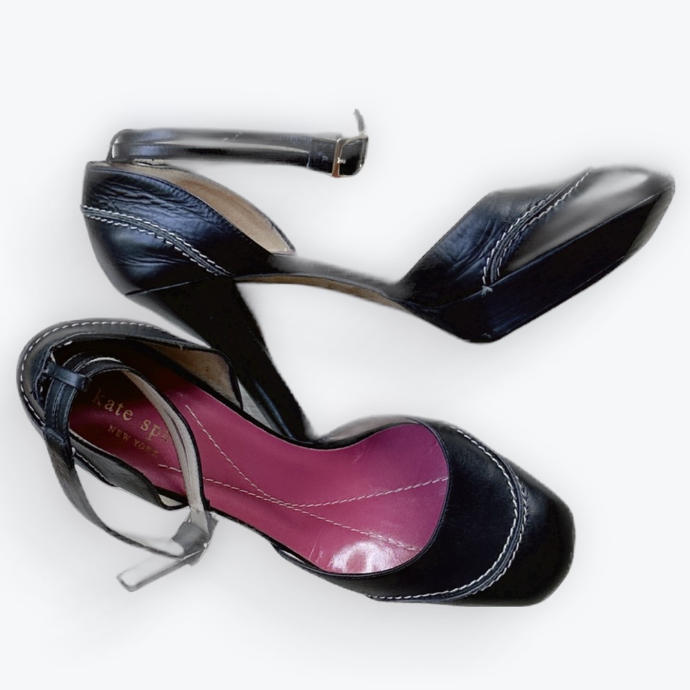Dark Academia kate spade Ankle Strap Corporate Black & White Platform Heels ~ 7B